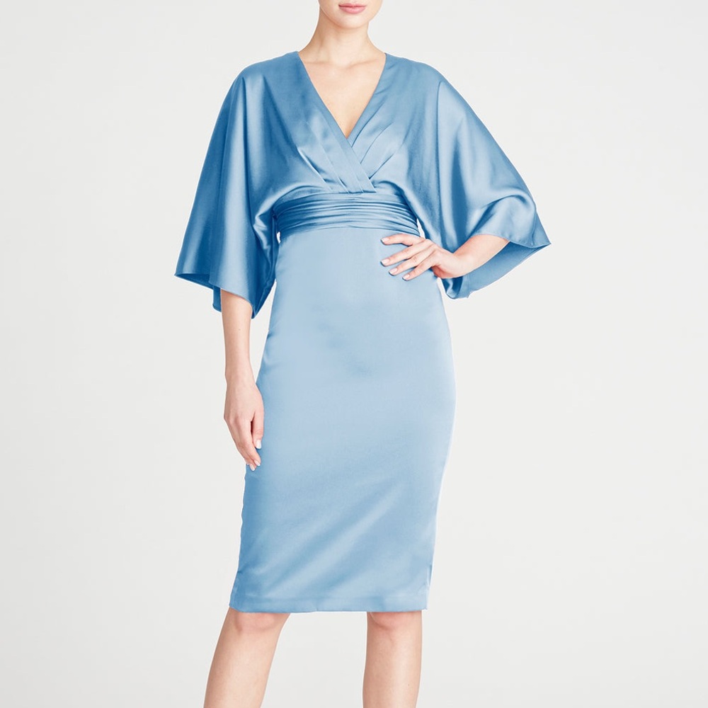$595 NWOT Theia Kimono Satin Cocktail Midi Dress in Storm Blue Sz 4